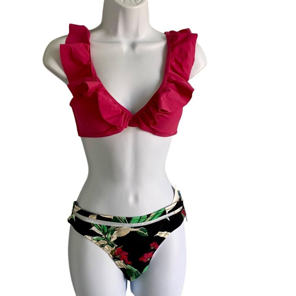Cupshe 2 Piece Swimsuit Bikini Pink Ruffle Top Floral Bottom Women's Small NEW